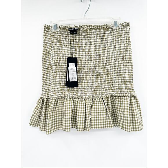 Veronica Beard Aloya Gingham Smocked Olive White Ruffle Mini Skirt Size M NWT - Picture 3 of 5